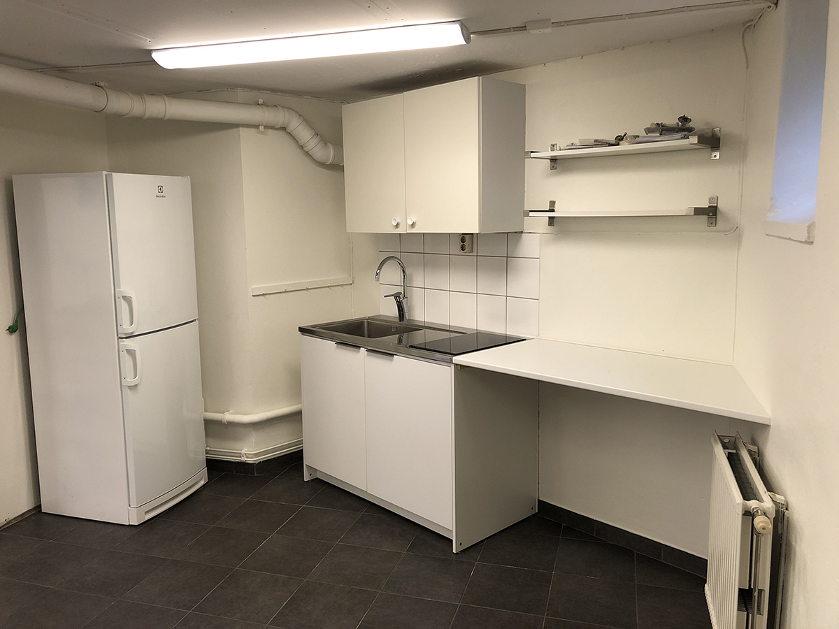 Köksdel med diskho, kokplattor, överskåp och kyl och frys