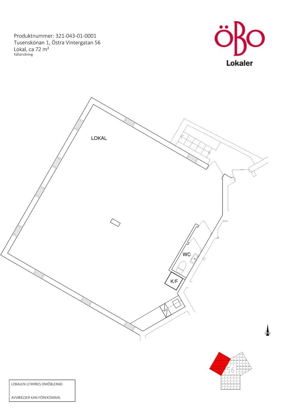Ritning över lokal på Östra Vintergatan 56, ett större rum med öppen planlösning, köksdel och wc