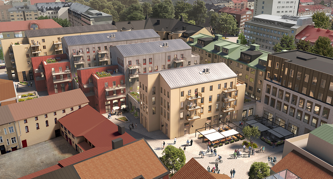Visionsskiss över nya kvarteret Hållstugan med nybyggda hus sett från ovan