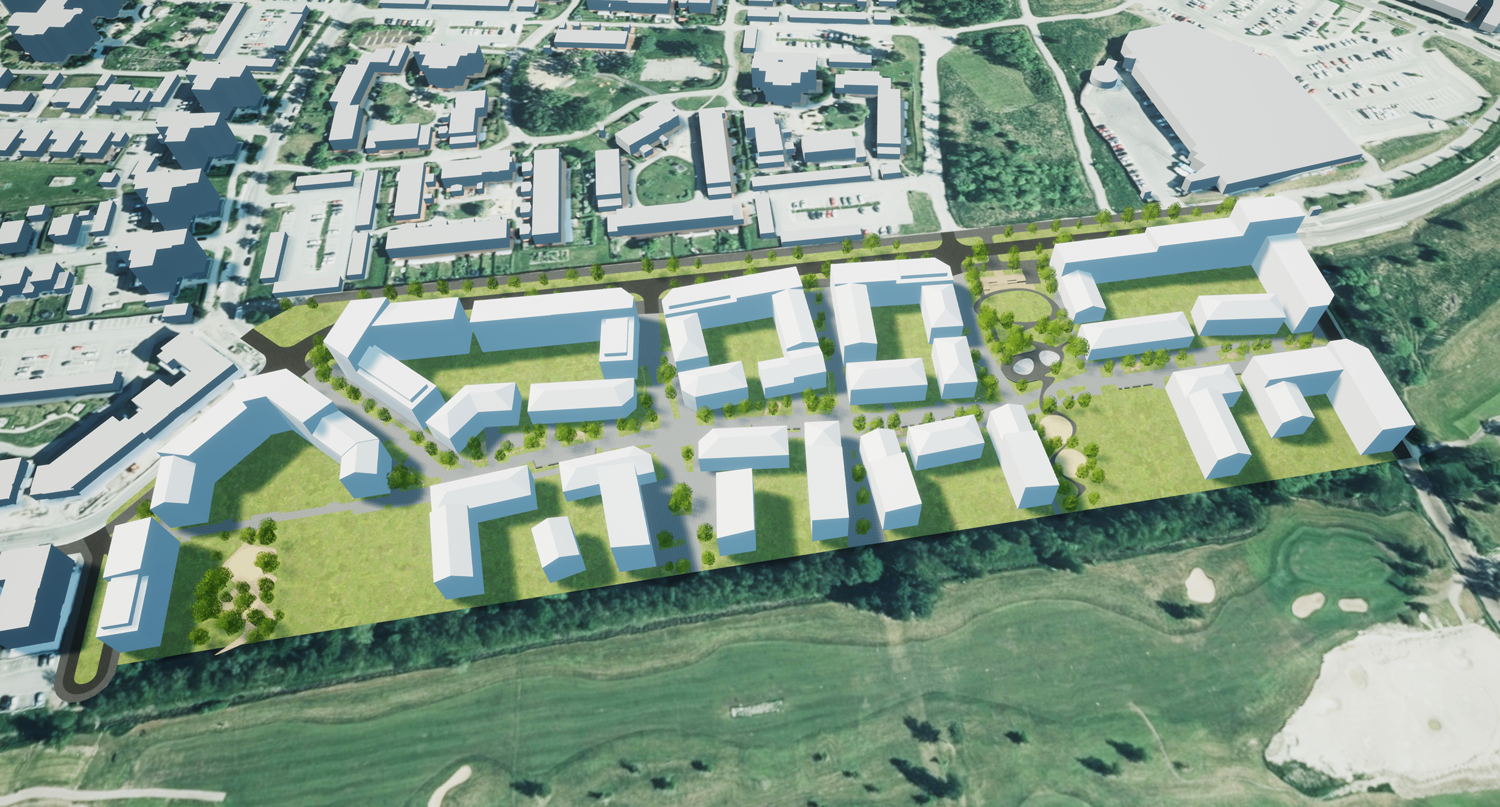 Visionsskiss över det nya bostadsområdet Tamarinden sett uppifrån