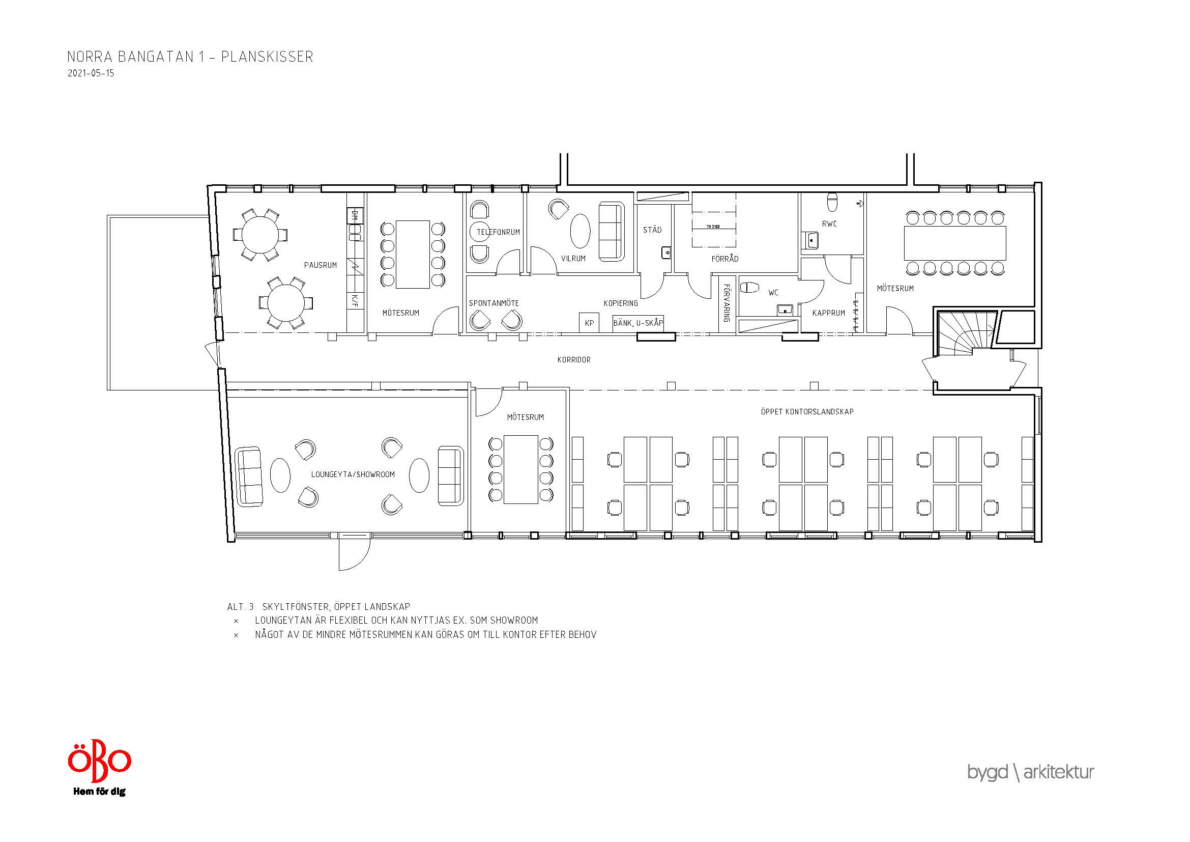 Planskiss över Norra bangatan 1 med flertalet kontorsytor, konferensrum och gemensamhetsytor.