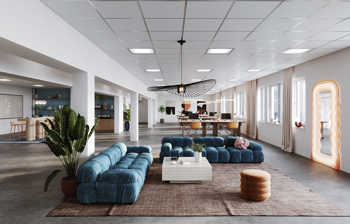 Visionsskiss över kontorslokal med gemensamhetsytor och skrivbordsplatser.