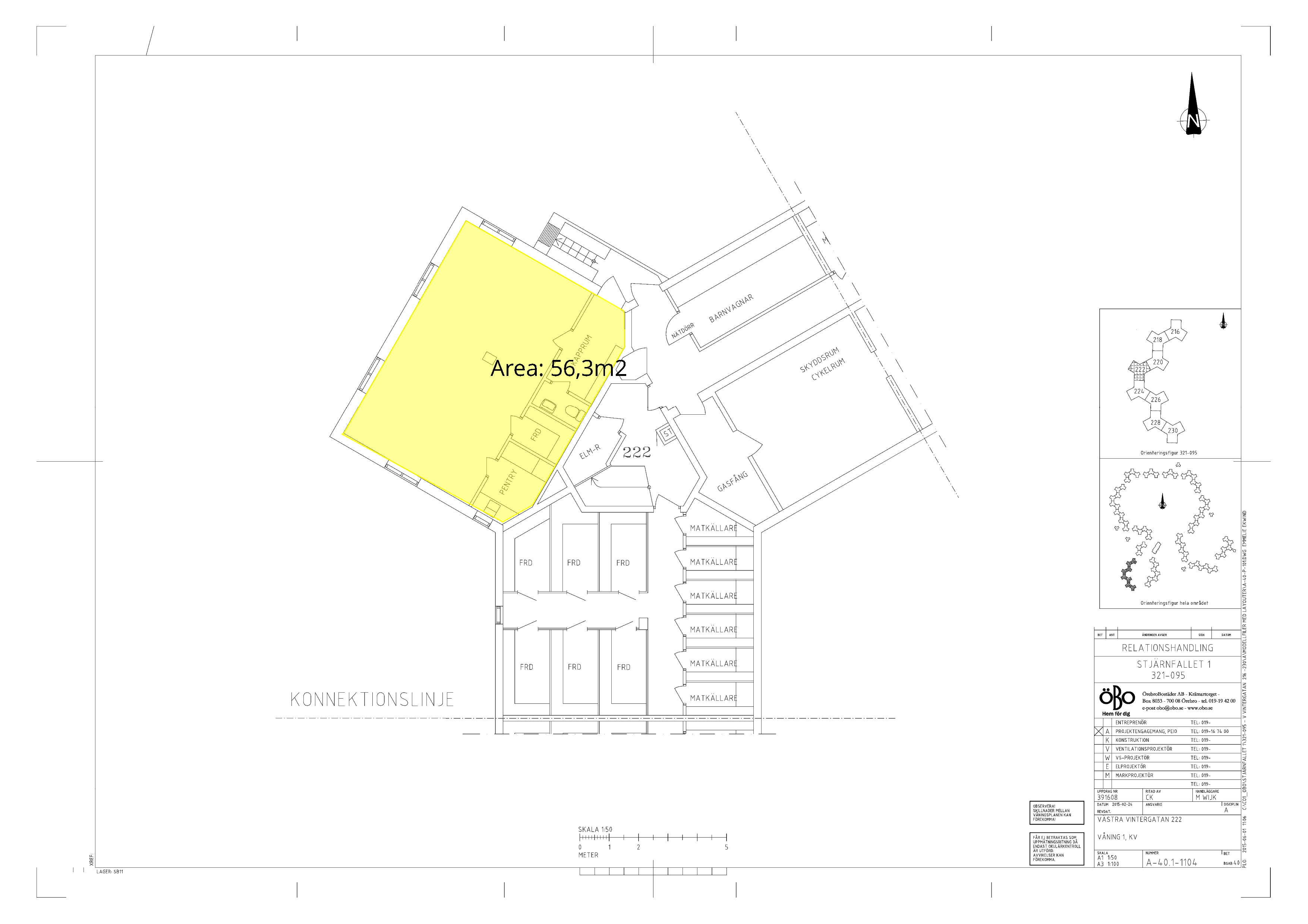 Ritning över lokal på Västra Vintergatan 222 med ett större rum samt pentry, förråd, toalett och kapprum fördelade på 56,3 kvadratmeter.