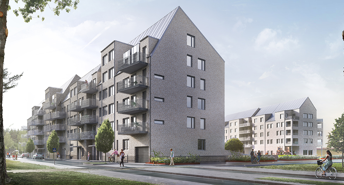 Visionsskiss över två nya hus som byggs i kvarteret Biplanet