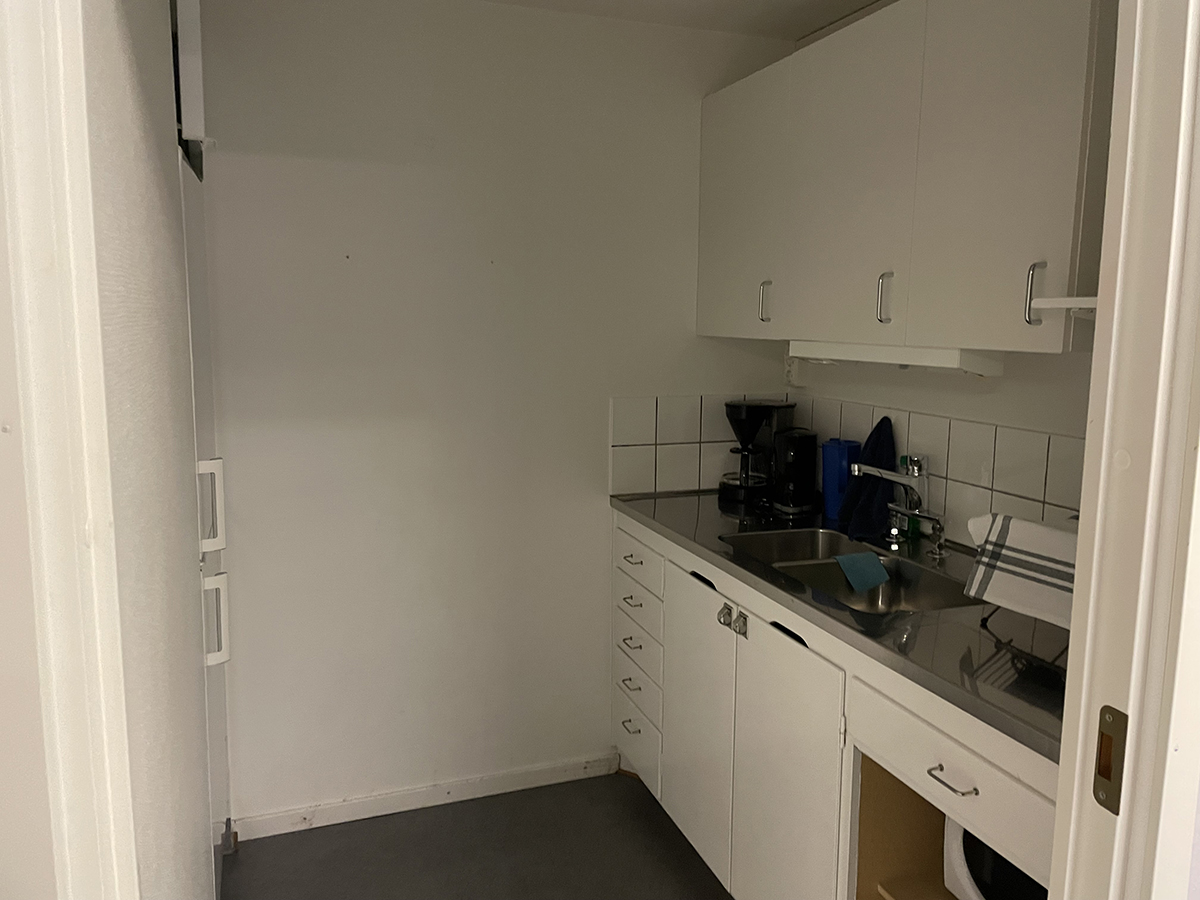 Pentry med vita köksdetaljer, diskbänk och kyl och frys